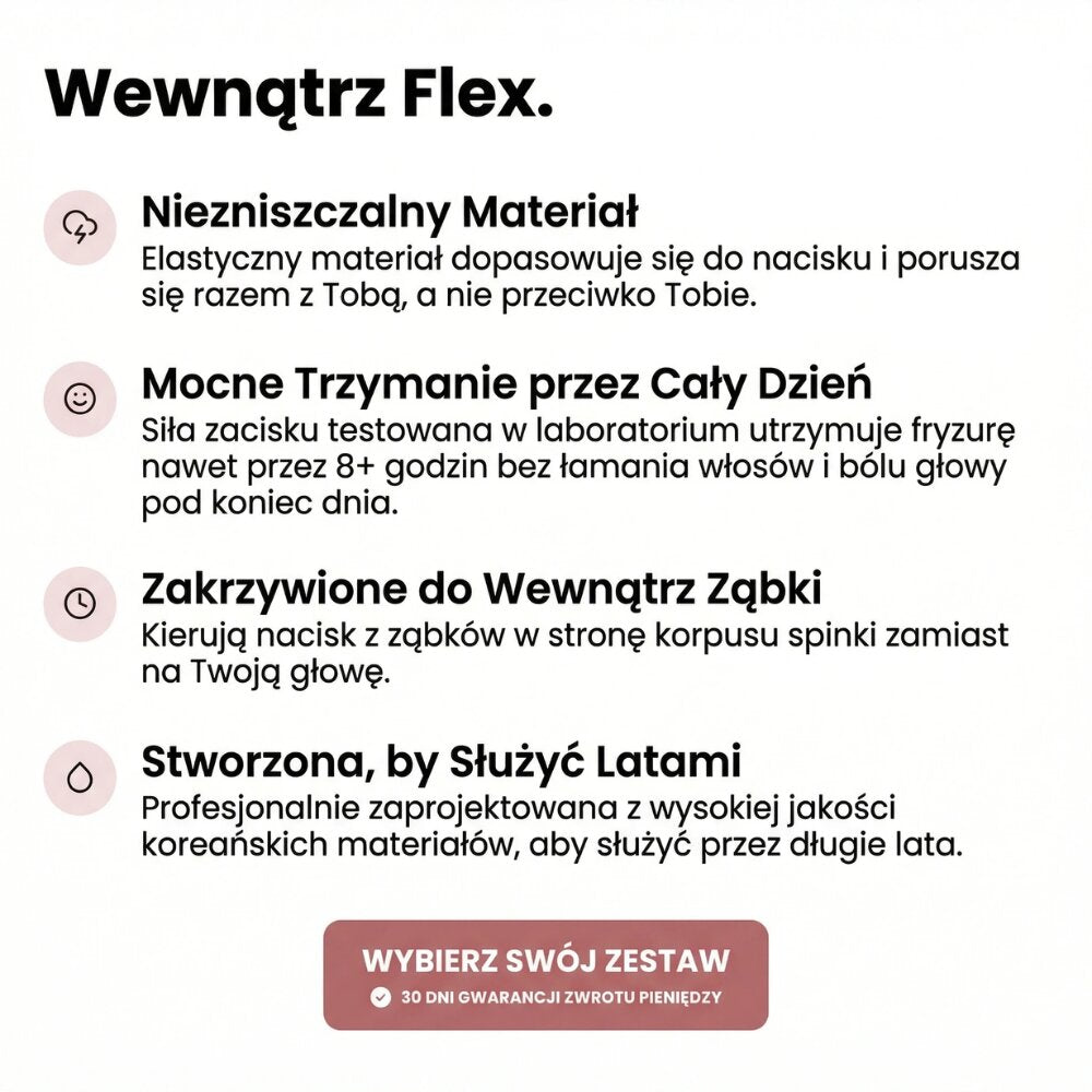 Budowa Spinki Flex ODYLLA – elastyczny materiał i ząbki skierowane do wewnątrz