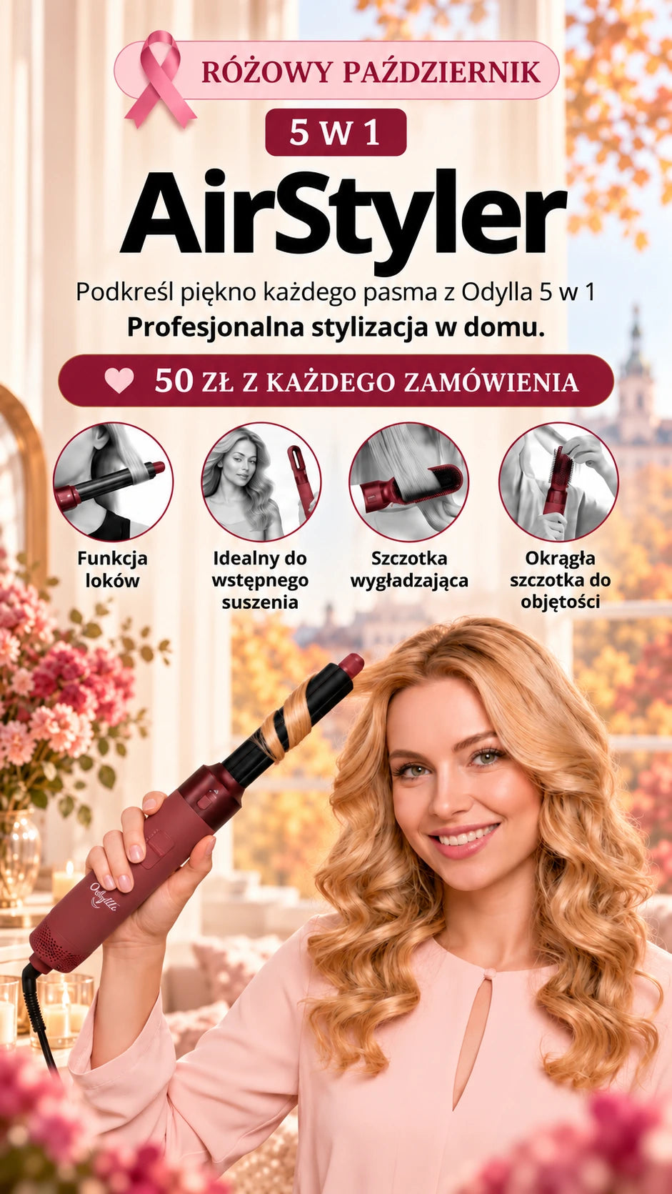 Kobieta stylizująca włosy za pomocą ODYLLA AirStyler 5w1