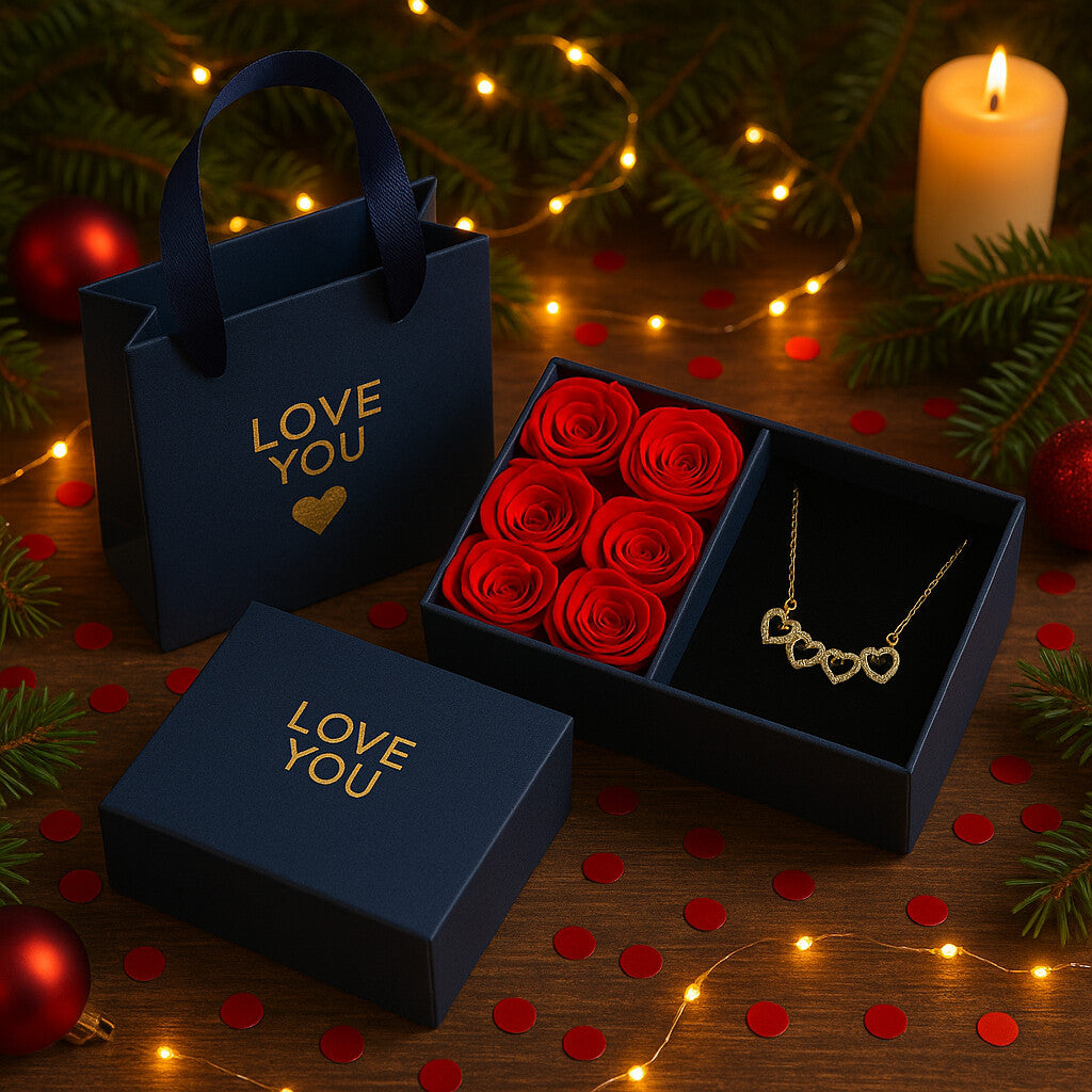 Torebka prezentowa + eleganckie pudełko + 6 wiecznych róż